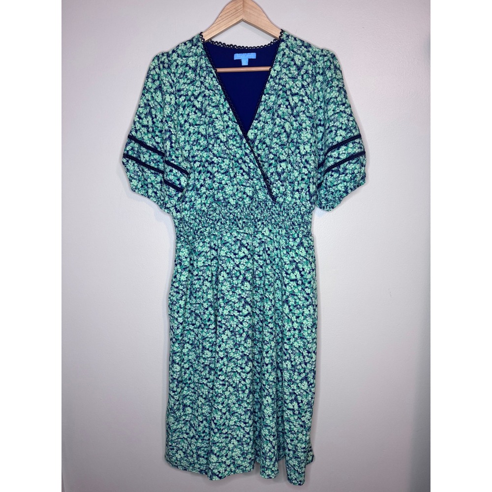 Draper James Floral Smocked Waist Dress‎ Blue Green Large